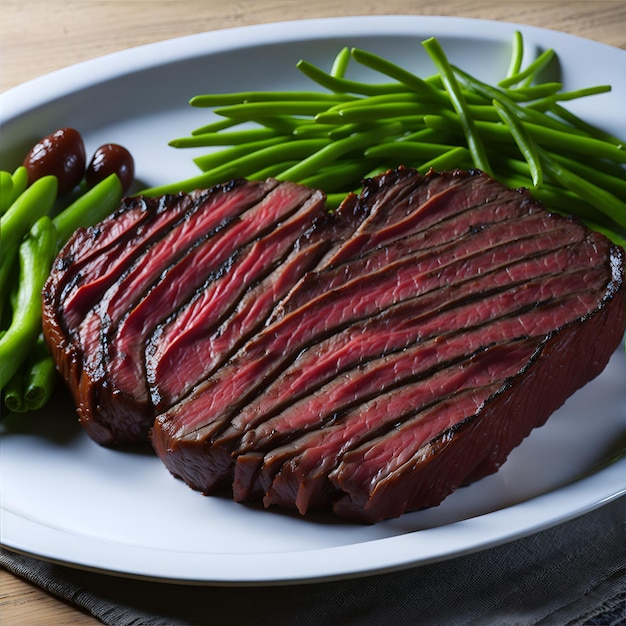 Ein Teller Fleisch mit grünen Bohnen und roter Soße.