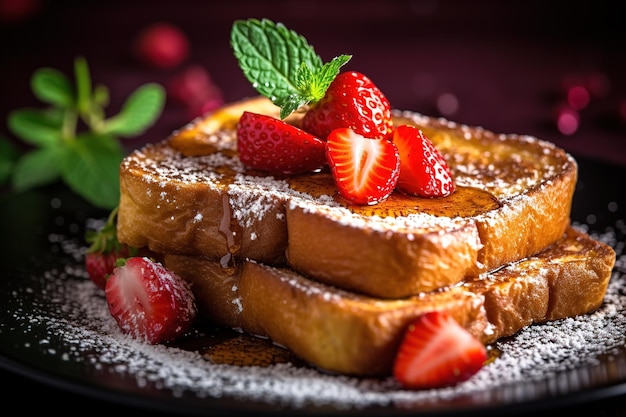 Ein Teller French Toast mit Erdbeeren darauf