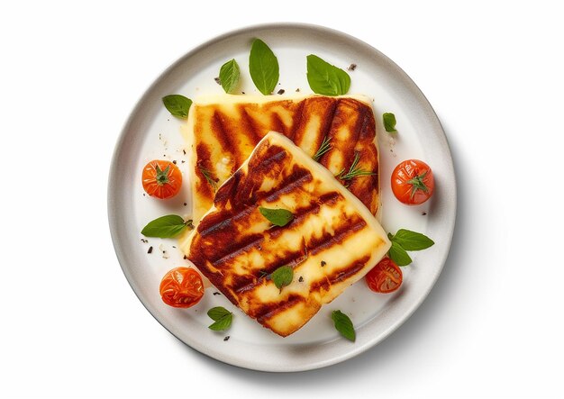 Ein Teller gegrillter Tofu mit Tomaten darauf