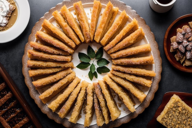 Ein Teller gelber Kuchen mit einem Zweig Minze darauf