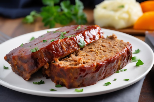 Ein Teller Hackbraten mit roter Soße darauf.