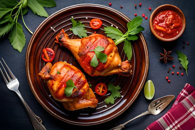 Ein Teller Hähnchen mit roter Soße und einer Schüssel Chilischoten an der Seite.