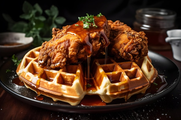 Ein Teller Hähnchen und Waffeln mit einem Zweig Minze obendrauf