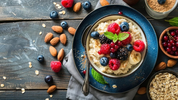 Ein Teller Hafermehl mit frischen Beeren und Nüssen als nahrhafte Frühstücksoption