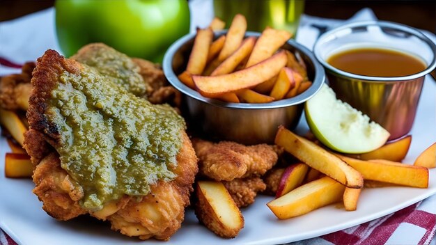 Foto ein teller hühnchen und pommes mit soße und apfelsaft