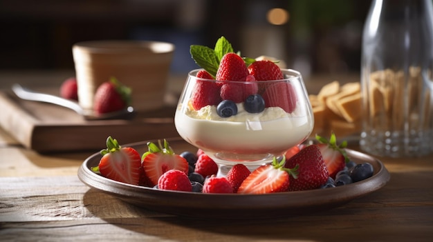 Ein Teller Joghurt mit Beeren und eine Tasse Kaffee auf dem Tisch