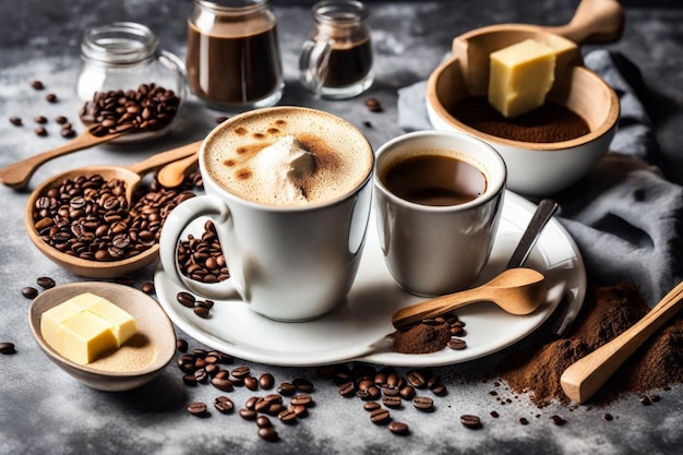 ein Teller Kaffee, Kaffee und Kaffeebohnen