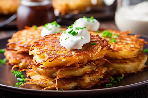 Ein Teller Kartoffelpuffer mit saurer Sahne obendrauf