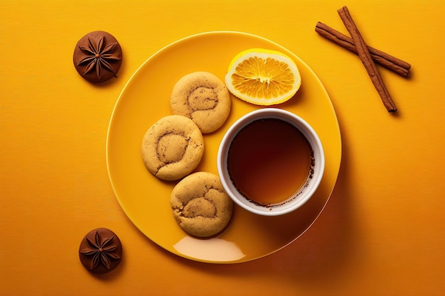 Ein Teller Kekse, eine Tasse Kaffee und eine Zimtstange vor einem sonnigen gelben Hintergrund