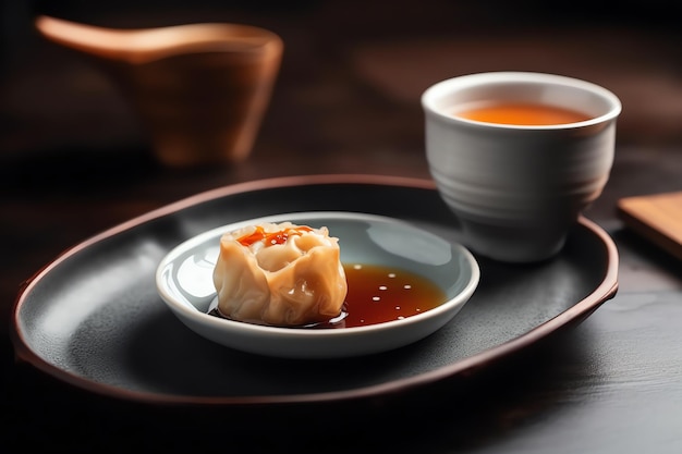 Ein Teller Knödel mit einer Tasse Tee und einer Tasse Tee.