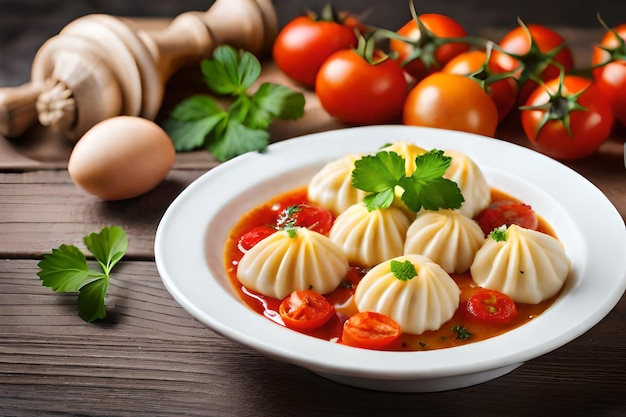 Ein Teller Knödel mit Tomaten und Petersilie auf einem Holztisch.