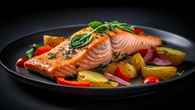 Ein Teller Lachs mit Gemüse auf dunklem Hintergrund.