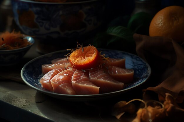 Ein Teller Lachs mit Orangen darauf