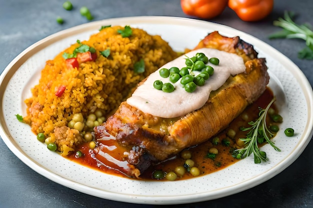 Ein Teller Lachs mit roter Soße und ein Haufen Reis.