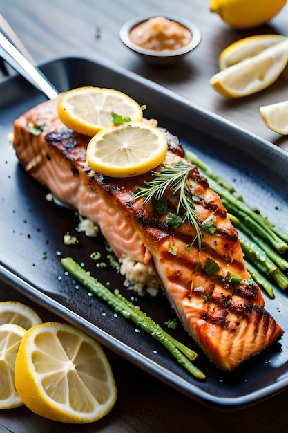 Ein Teller Lachs mit Spargel und Zitronen.