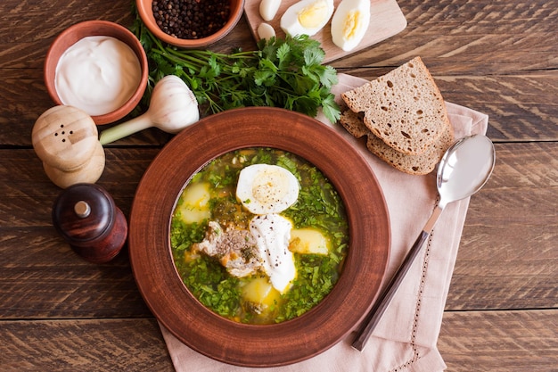 Ein Teller Landsuppe aus frischem Sauerampfer mit Sauerrahm und gekochtem Ei. Koriandergrün, Knoblauch. traditionelle russische, polnische, lettische Suppe.