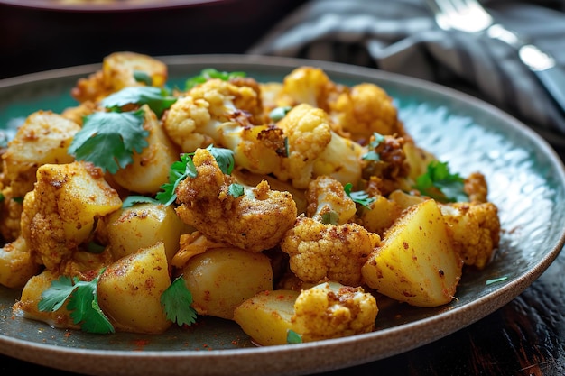 Ein Teller mit Aloo Gobi, einem vegetarischen Gericht aus Kartoffeln, Blumenkohl und indischen Gewürzen