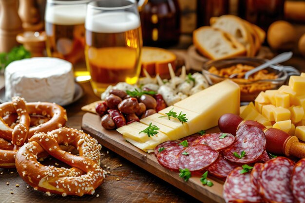 Foto ein teller mit belgischen bier-snacks, darunter handwerklich hergestellte käse, gekochtes fleisch und knusprige brezeln