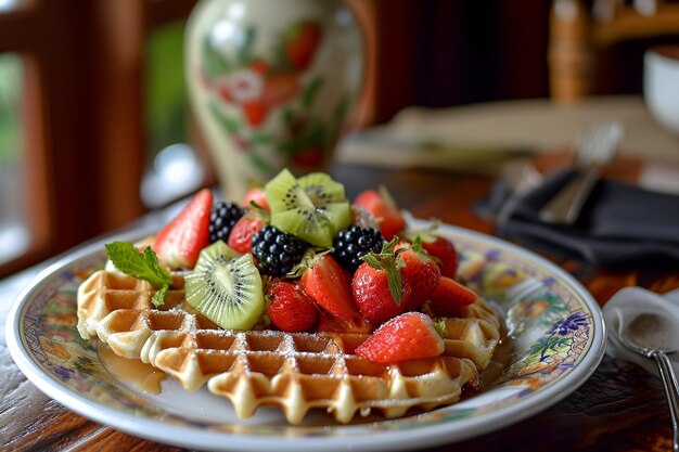 Foto ein teller mit belgischen waffeln mit frischem obst