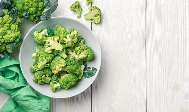 Ein Teller mit Brokkoli auf weißem Hintergrund aus Holz Gesundes Essen Brokkoli kochen