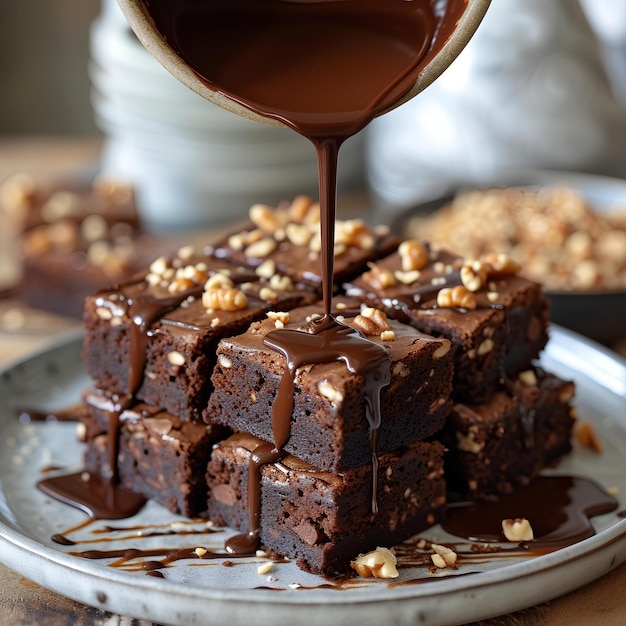 Ein Teller mit Brownies und ein Löffel voller Schokolade