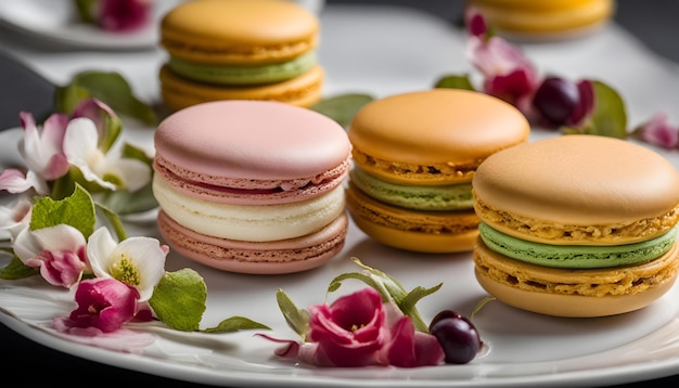 ein Teller mit bunten Macaroni und Käsekuchen mit rosa und grüner Farbe