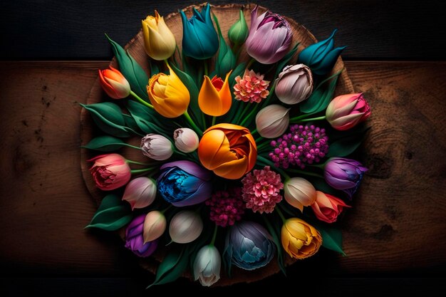 Ein Teller mit bunten Tulpen und einem Blumenstrauß darauf.