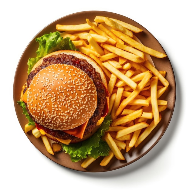 ein Teller mit Burger und Pommes Top View auf weißem Hintergrund