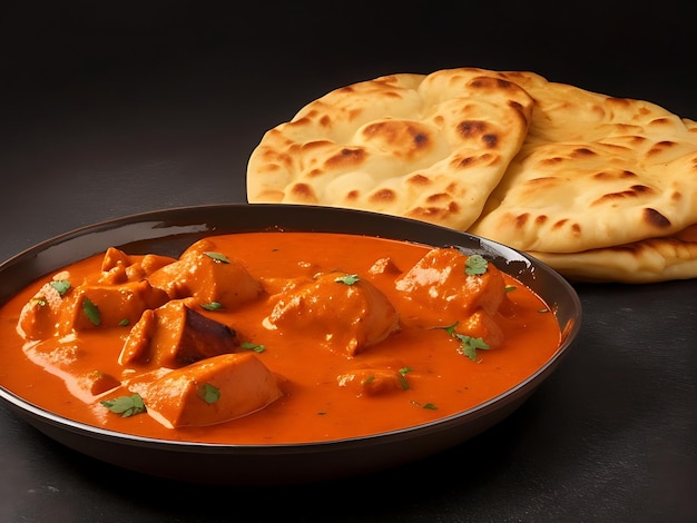 Foto ein teller mit butterhühnchen mit naan auf schwarzem hintergrund