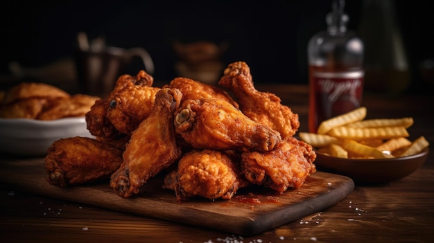 Ein Teller mit Chicken Wings und Chips auf einem Holztisch.