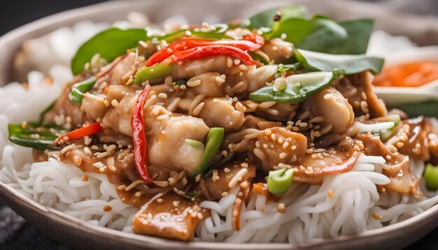 ein Teller mit chinesischem Essen mit Reis und Gemüse darauf