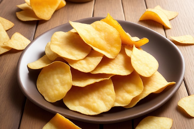 Ein Teller mit Chips auf einem Holztisch