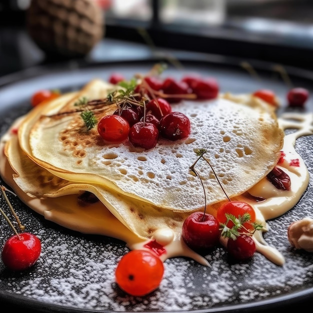 Ein Teller mit Crêpes mit Kirschen und Kirschen darauf