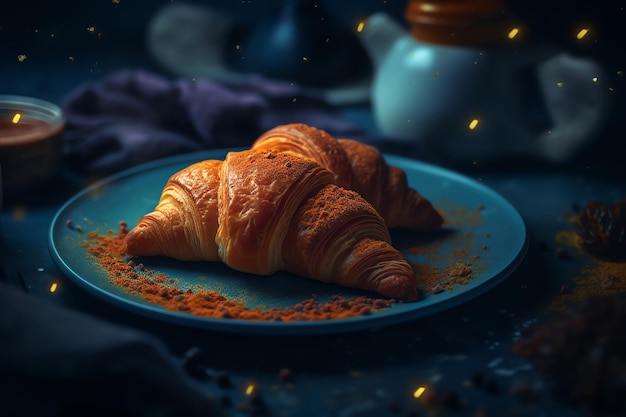 Ein Teller mit Croissants mit einem Teelicht im Hintergrund