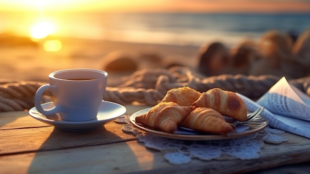 Ein Teller mit Croissants und eine Tasse Kaffee auf einem Tisch. Generative KI-Kunst