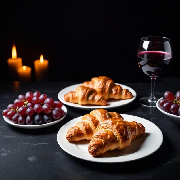 Foto ein teller mit croissants und trauben mit einem glas wein auf einem tisch