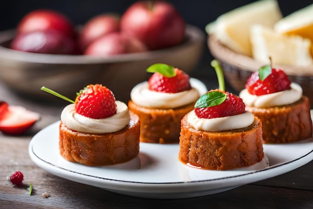 ein Teller mit Cupcakes mit Erdbeeren und Creme-Käse-Glasur.