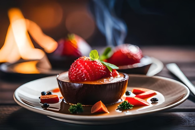 ein Teller mit Desserts mit einem Feuer im Hintergrund