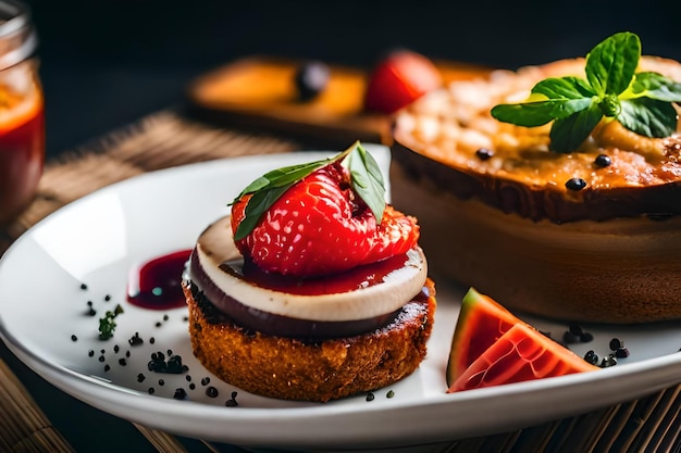 ein Teller mit Desserts mit einer Erdbeer und einer Erdbeere drauf.
