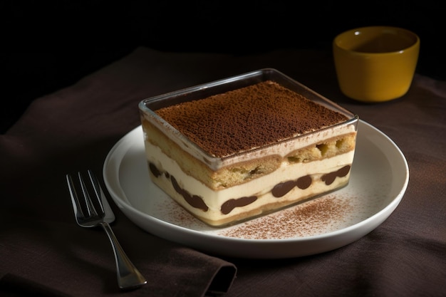 Ein Teller mit Desserts mit einer Gabel und einer Tasse Kaffee darauf