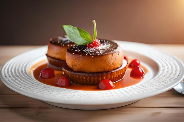 Ein Teller mit Desserts mit einer Kirsche obendrauf