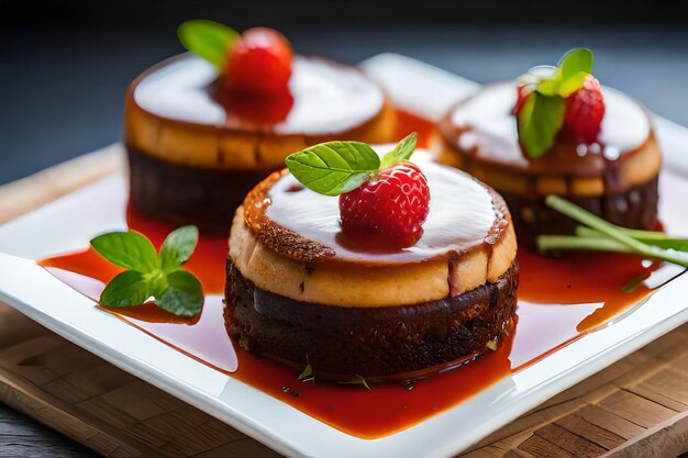 ein Teller mit Desserts mit Erdbeeren und Sahne