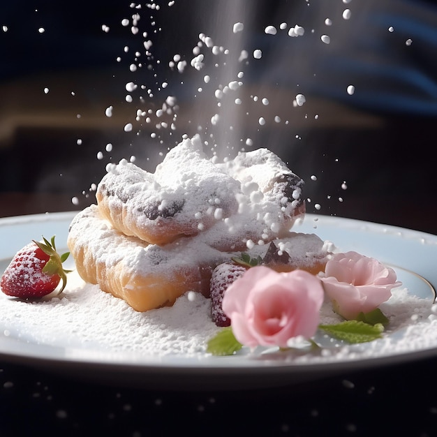 ein Teller mit Desserts mit Puderzucker und einer Erdbeere darauf.