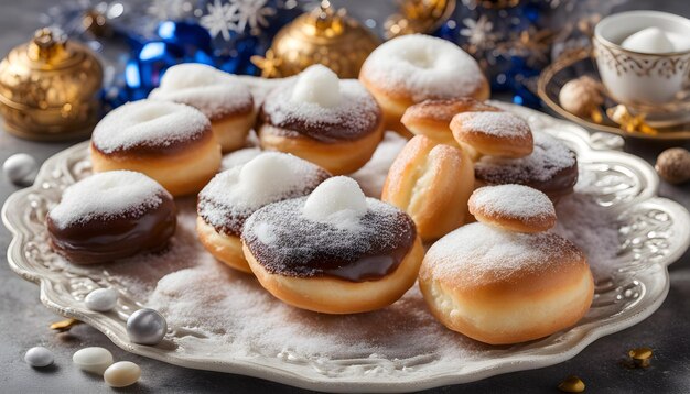 ein Teller mit Donuts mit einem blauen Band an der Spitze