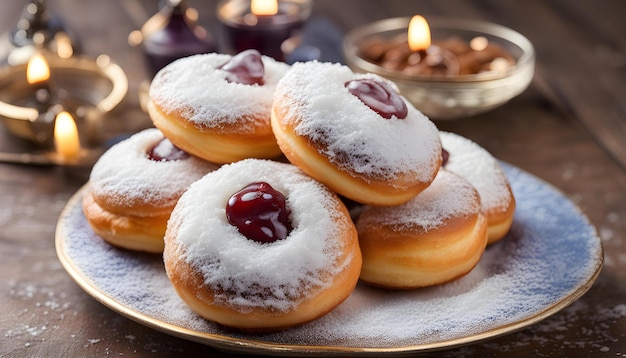 ein Teller mit Donuts mit einer Kerze im Hintergrund