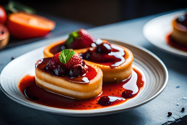 ein Teller mit Donuts mit Schokoladensauce und Erdbeeren