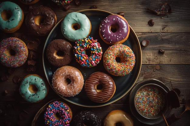 Ein Teller mit Donuts mit verschiedenen Geschmacksrichtungen darauf