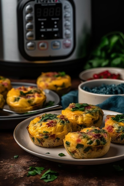 Ein Teller mit Eiermuffins auf einem Teller mit einer Schüssel Blaubeeren im Hintergrund.