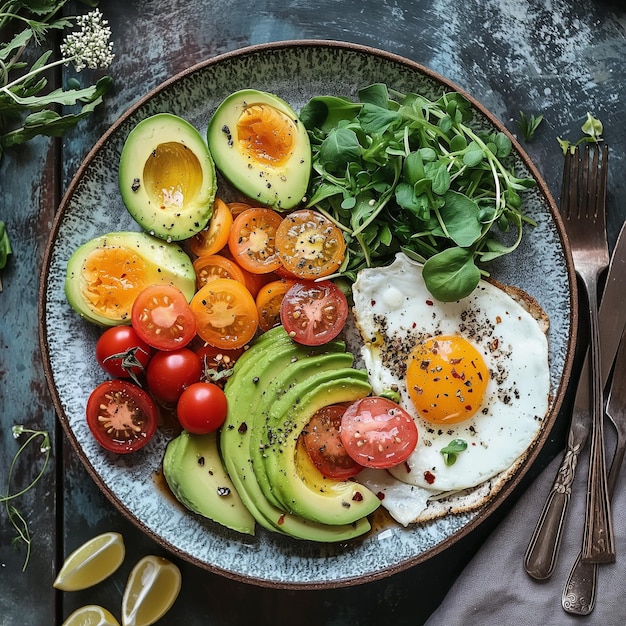 Foto ein teller mit eiern, tomaten, avocados und anderen lebensmitteln