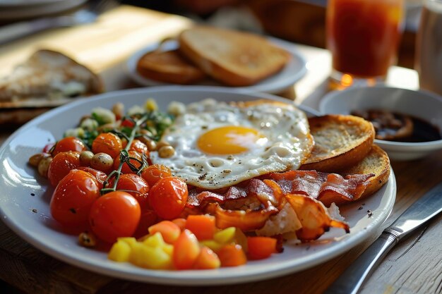 Ein Teller mit Eiern, Tomaten und Toast, ordentlich angeordnet und bereit zum Essen, ein englisches Frühstück im Stil von Van Gogh.